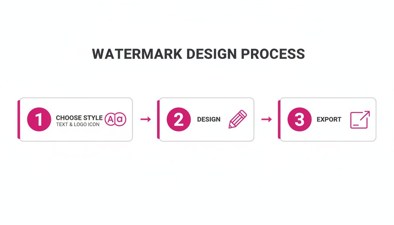 A three-step infographic outlining the watermark design process, from choosing style to designing and exporting.