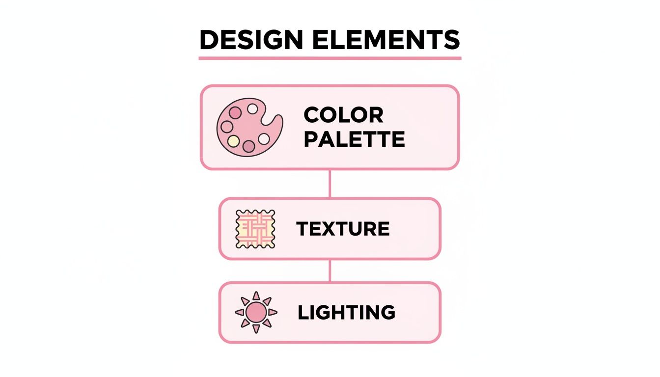 A pastel pink and black diagram illustrating key design elements: Color Palette, Texture, and Lighting.