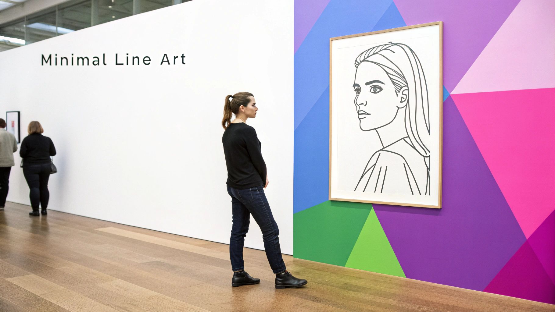 Woman viewing minimal line art portrait in a modern gallery with colorful geometric walls.