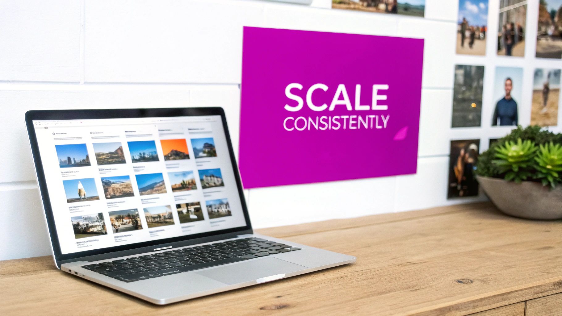 A laptop on a wooden desk showing a gallery of images, with a 'SCALE CONSISTENTLY' sign and photos on the wall.