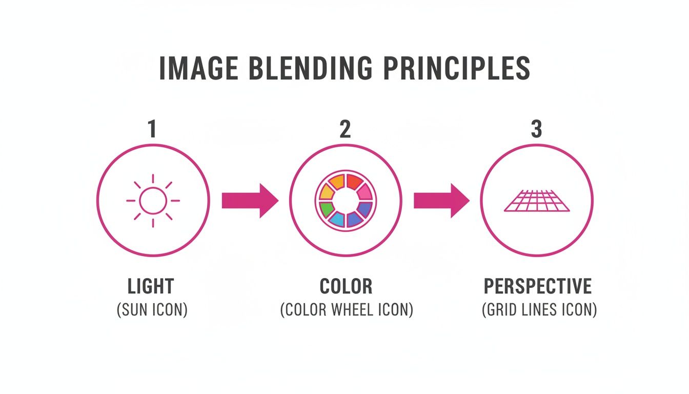 A diagram illustrates image blending principles: Light (sun icon), Color (color wheel icon), and Perspective (grid icon).