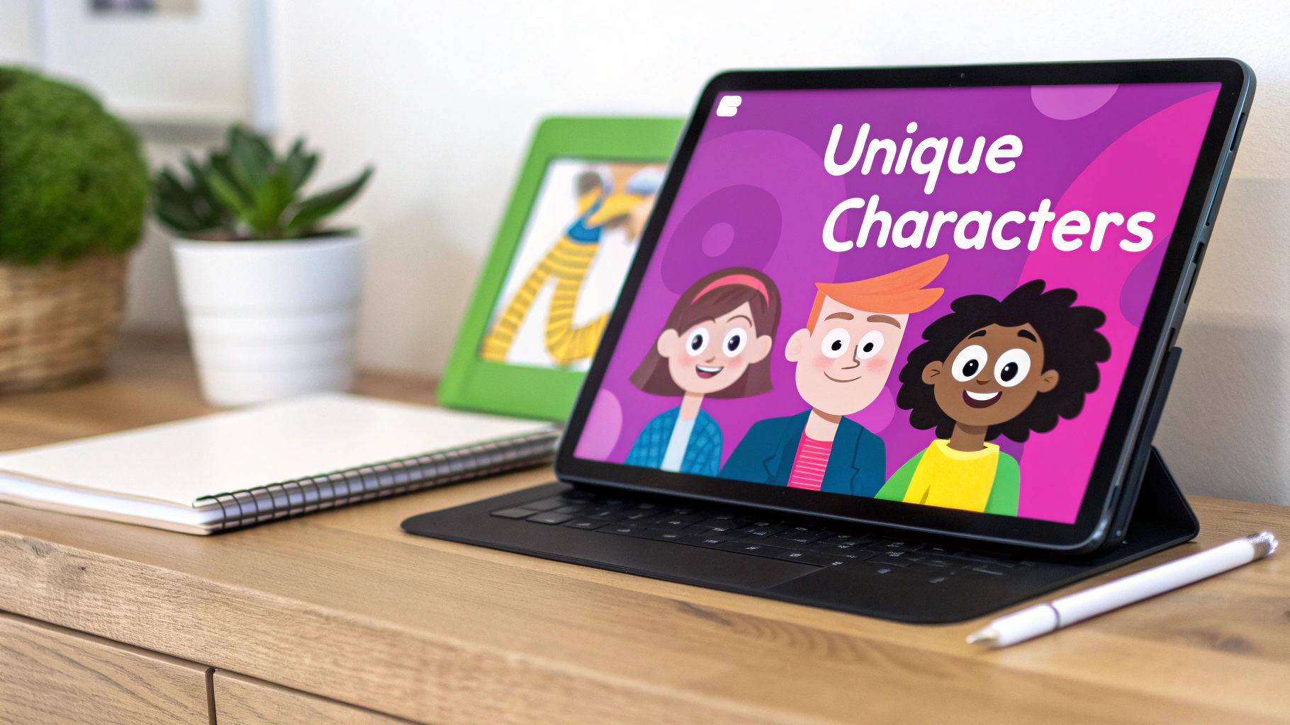 A digital tablet on a wooden desk shows an app with diverse cartoon characters and the title "Unique Characters."