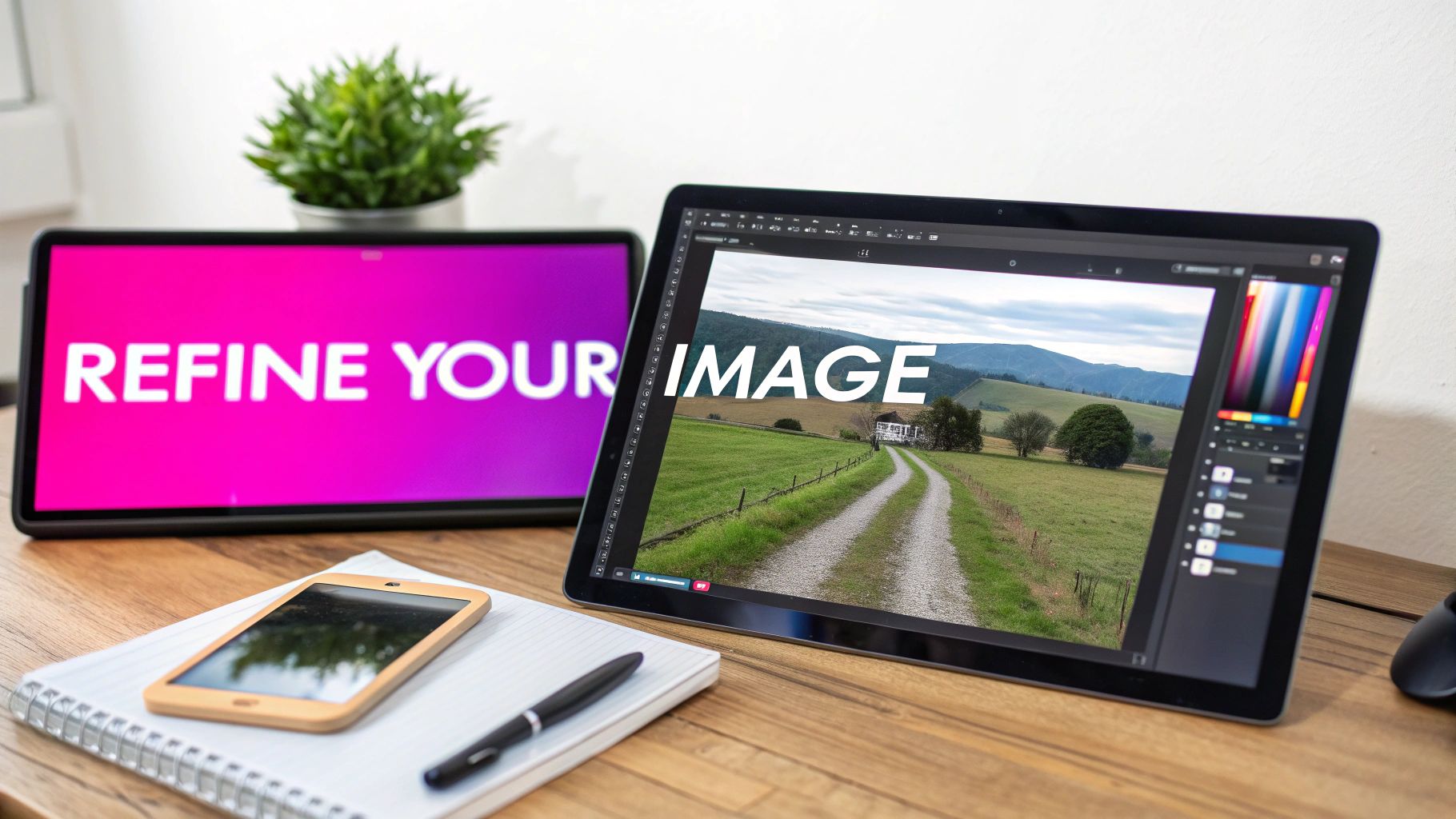 Two tablets on a wooden desk, one displaying 'REFINE YOUR' and the other showing 'IMAGE' in editing software.