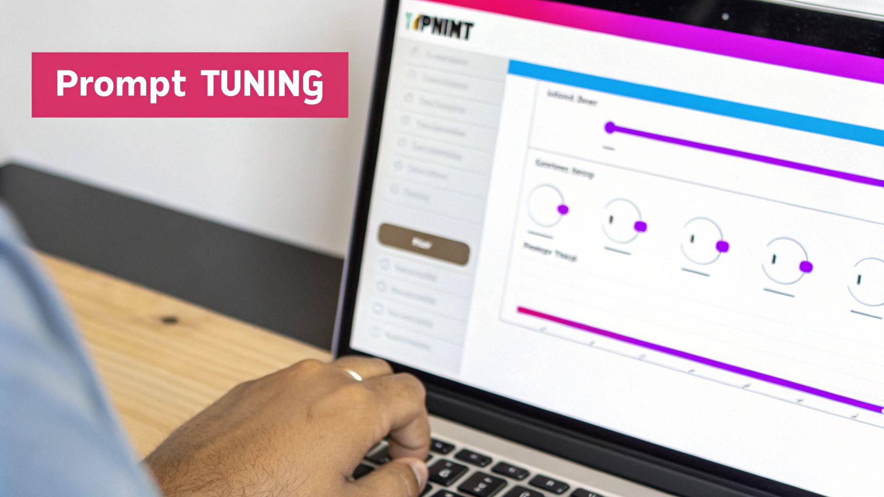 A person is shown from an over-the-shoulder view, typing on a laptop with 'Prompt TUNING' banner.