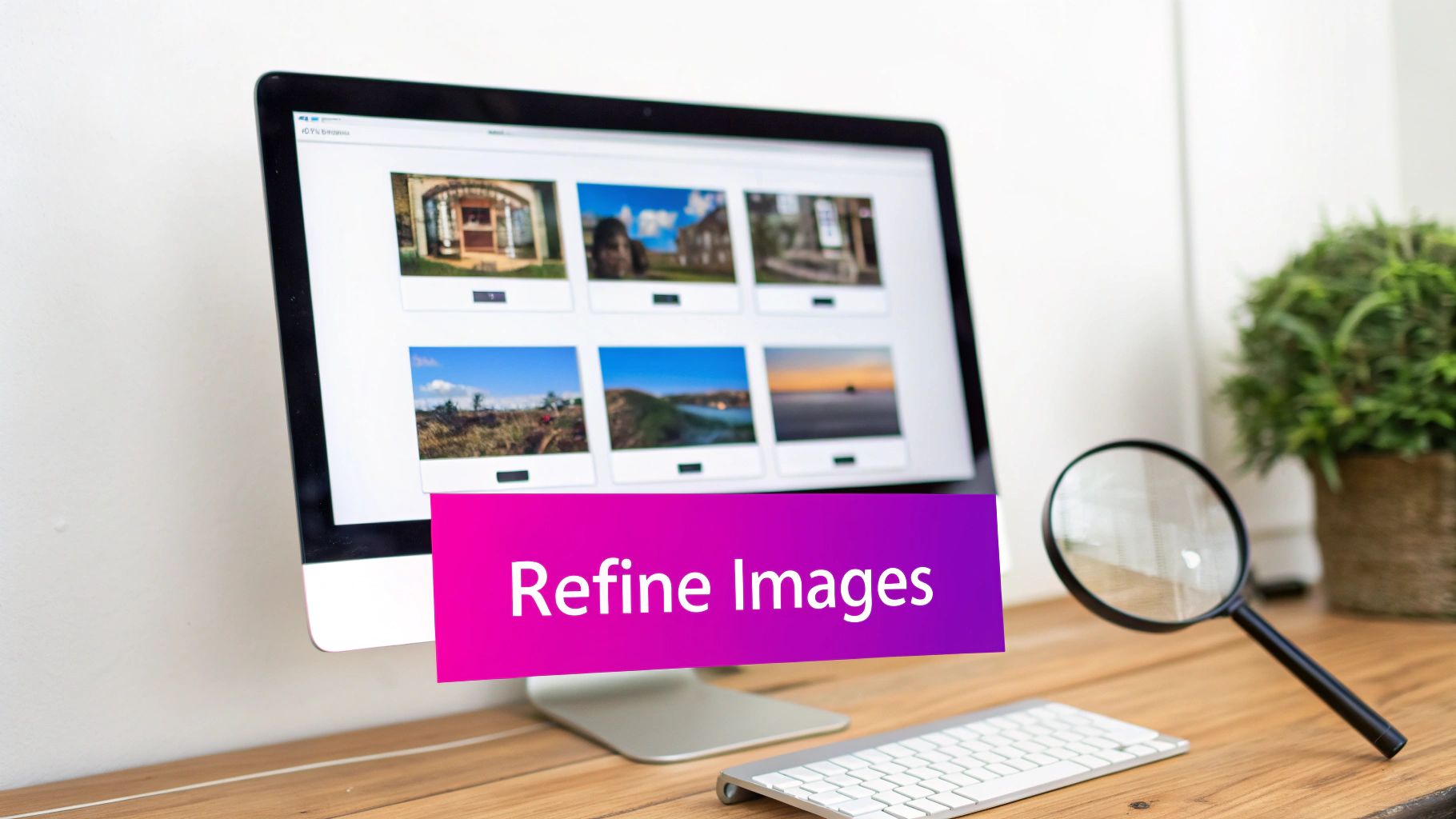 A computer screen showing a grid of images, overlaid with a 'Refine Images' banner, on a wooden desk with a keyboard and magnifying glass.