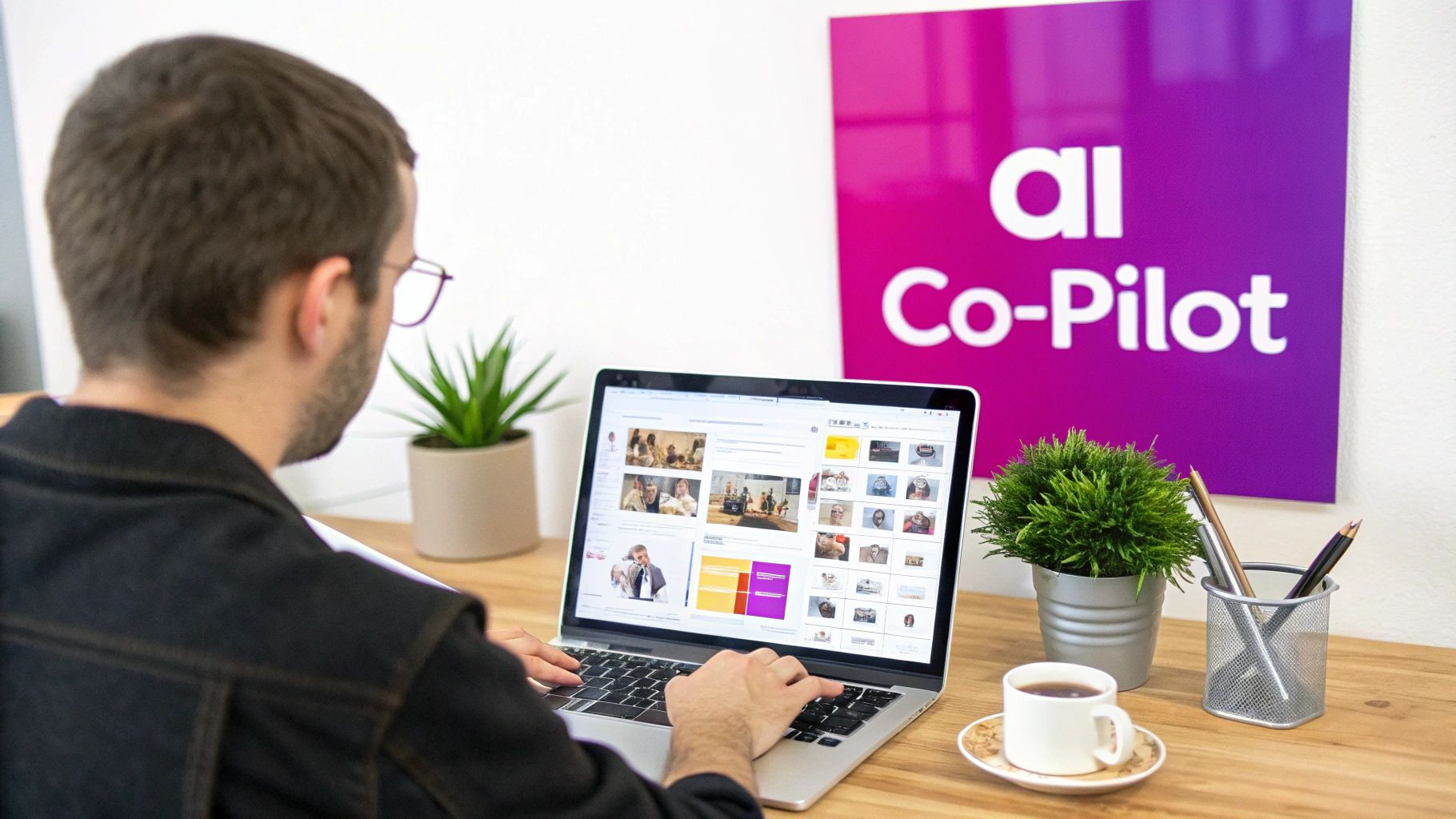 Man working on a laptop with a photo editing interface and AI Co-Pilot branding.