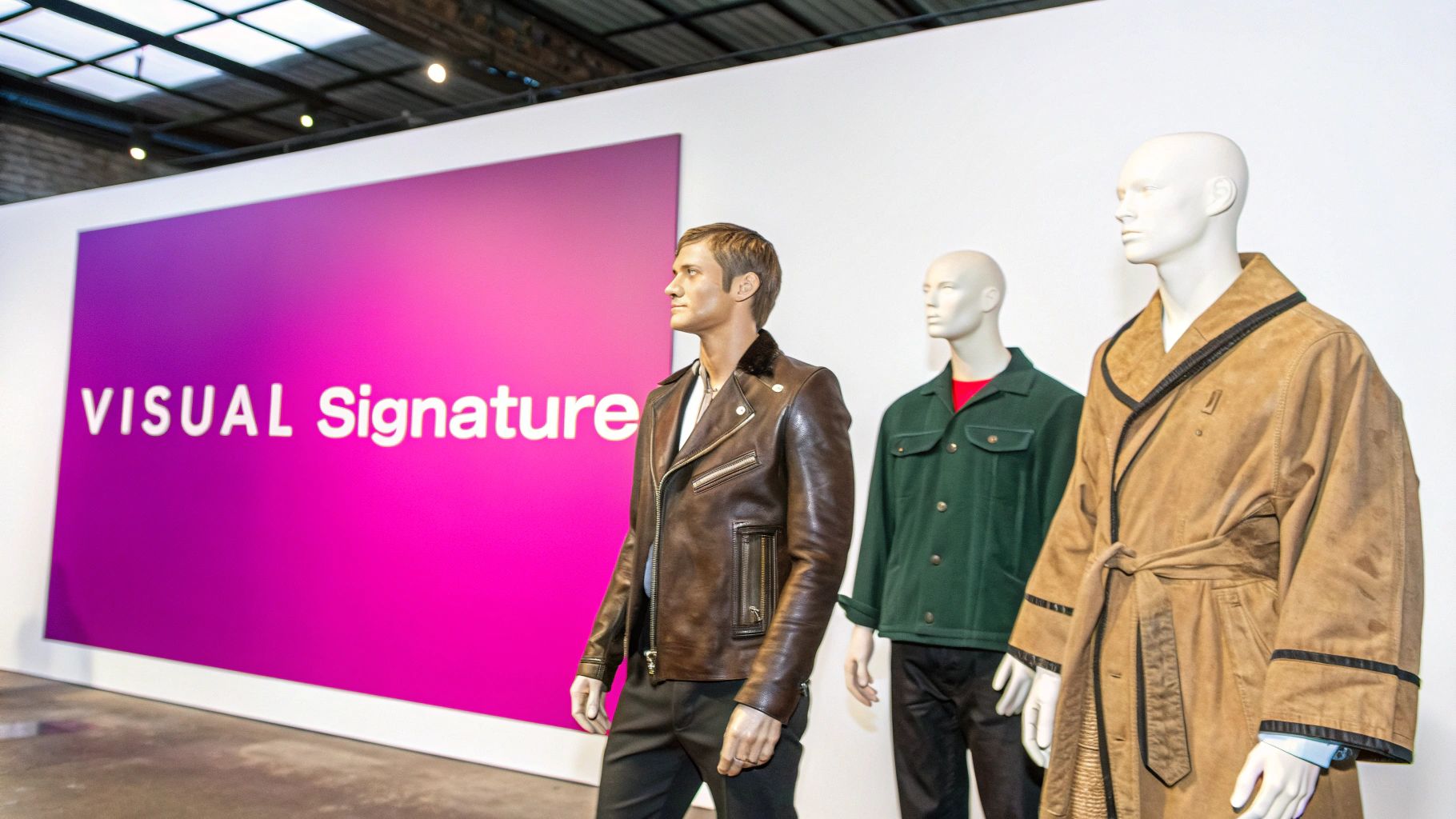 Three mannequins display fashionable clothing including a leather jacket and a tan robe in an exhibition.