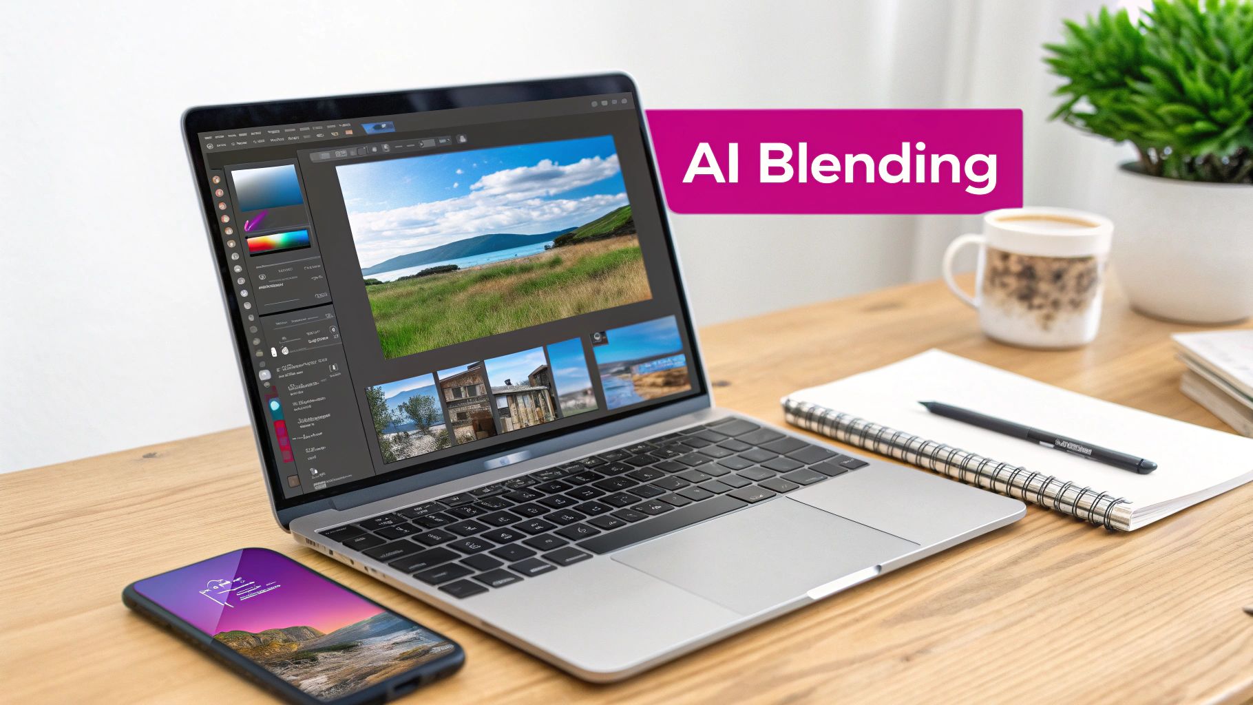 A laptop displays photo editing software with a landscape image on a wooden desk, alongside a phone and coffee, with a 'AI Blending' banner.