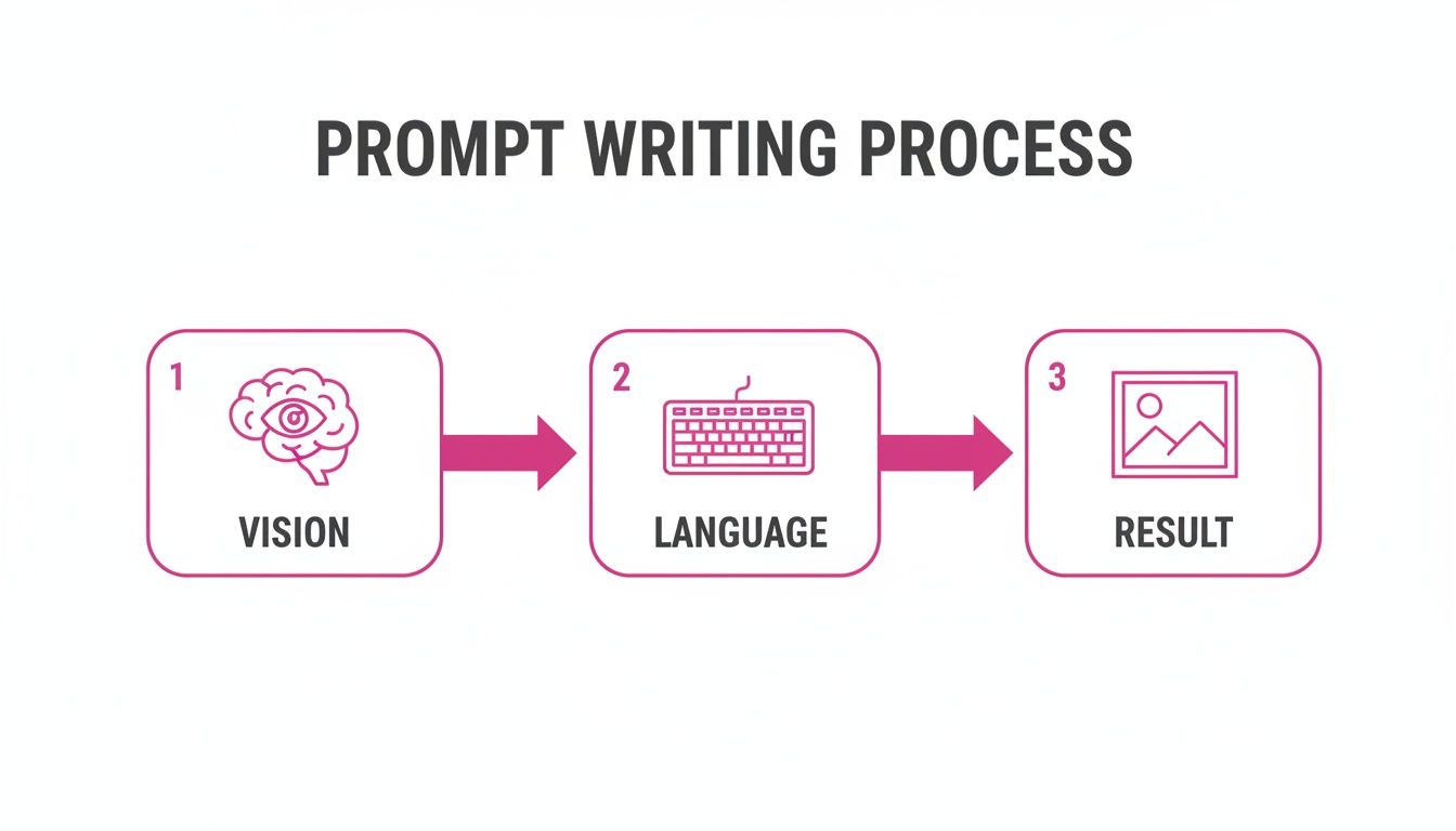 Diagram illustrating the prompt writing process in three steps: Vision, Language, and Result with icons.
