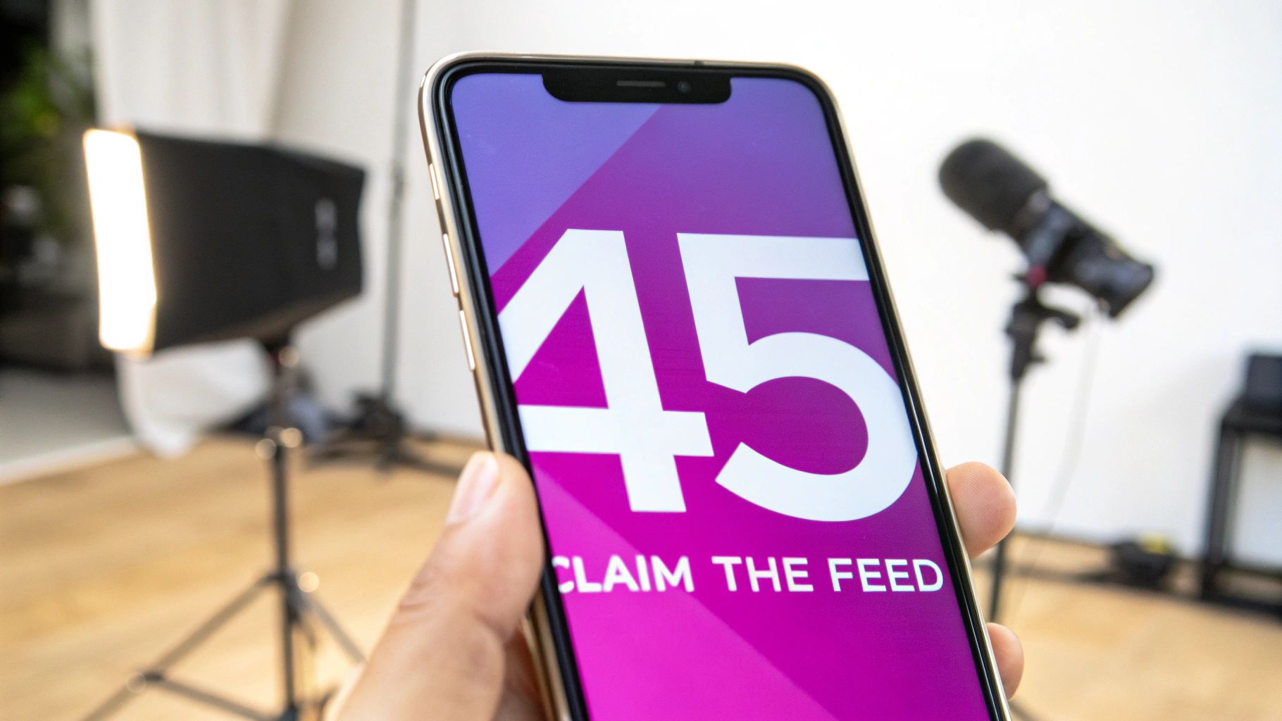 A person holds a smartphone displaying '45 CLAIM THE FEED' on a purple screen in a studio.