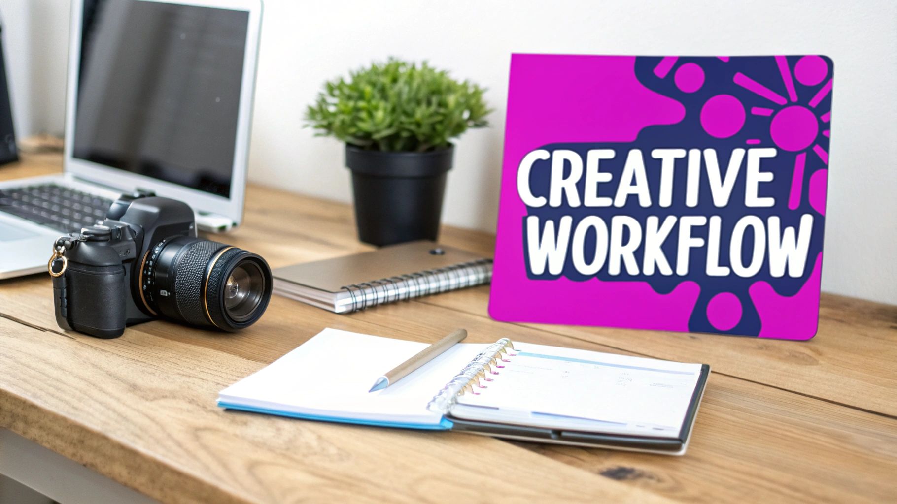 A creative workspace featuring a camera, laptop, notebooks, and a 'CREATIVE WORKFLOW' sign.