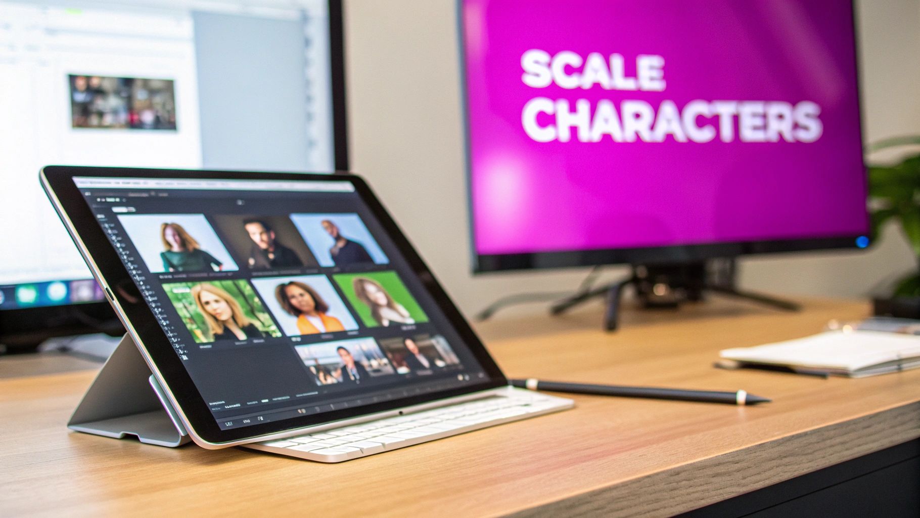 A tablet on a desk shows multiple video call participants, with a monitor displaying 'SCALE CHARACTERS'.