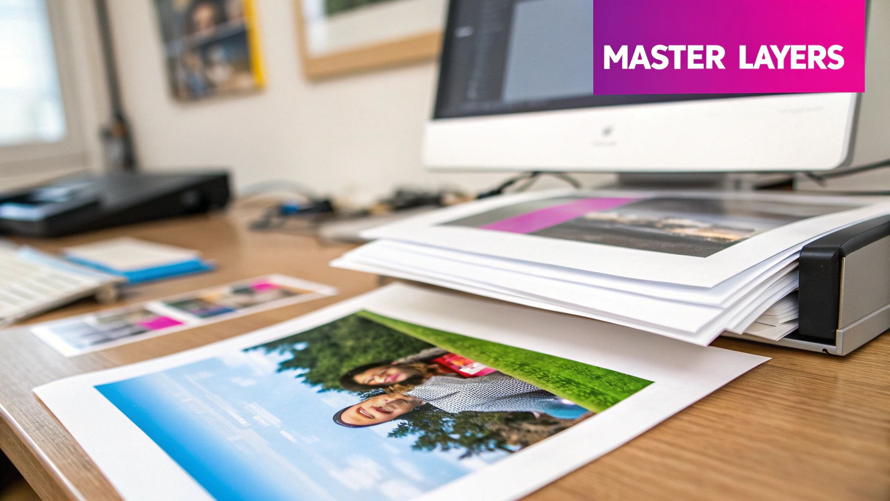 A graphic interface showing a photo being edited with multiple layers stacked on the side, illustrating the concept of non-destructive editing.