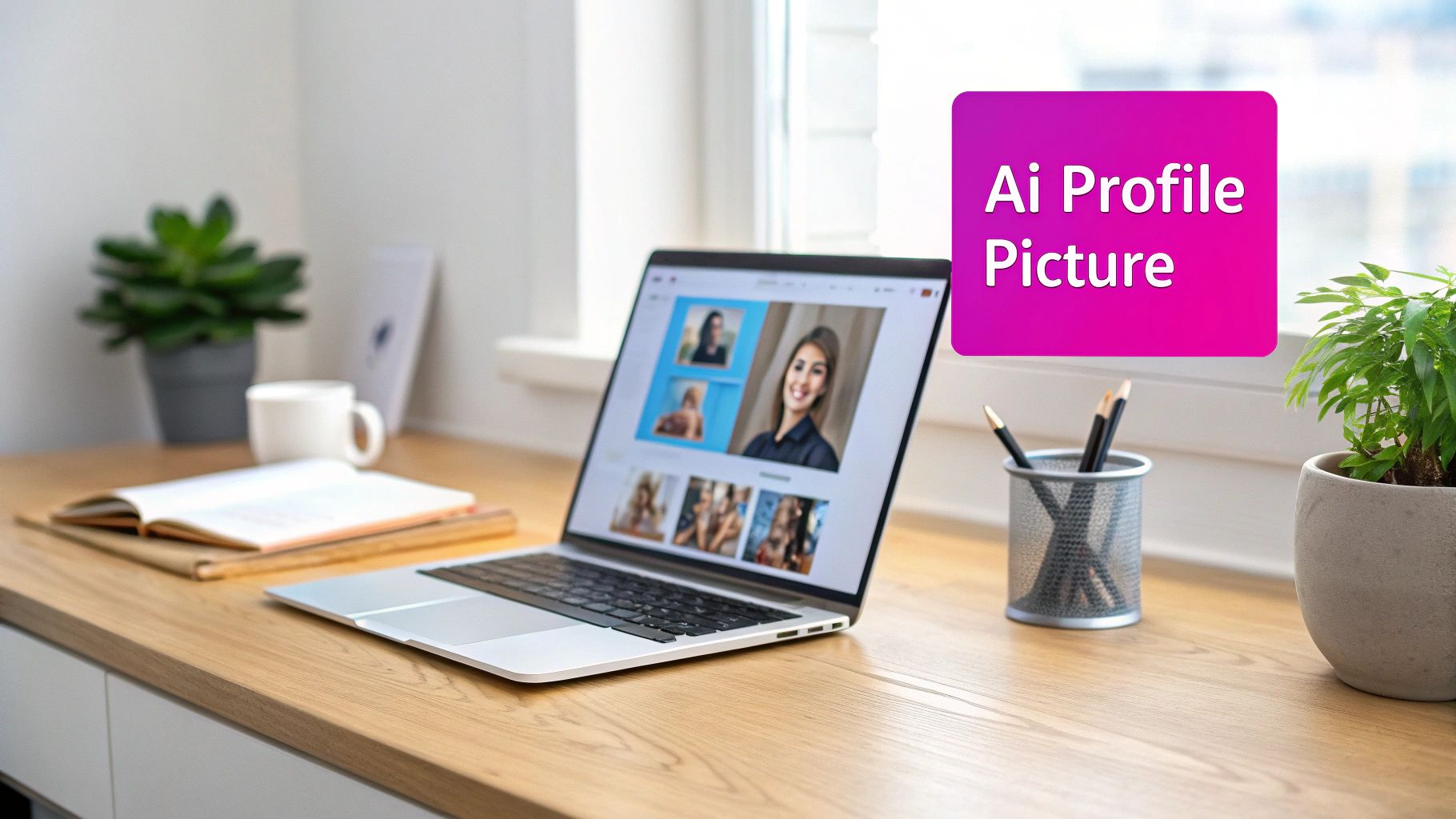 A laptop on a wooden desk displaying multiple AI-generated profile pictures of a smiling woman.