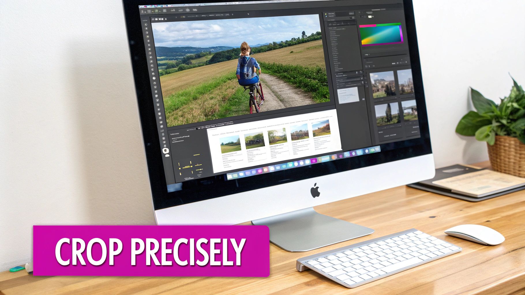 A photo editing application on an Apple iMac displaying a person on a bicycle.