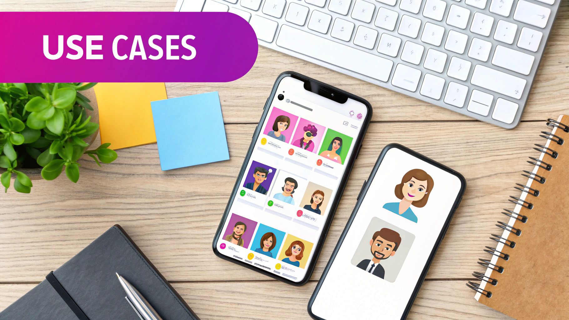 Flat lay of a desk with smartphones displaying diverse cartoon avatars, keyboard, and 'USE CASES' banner.