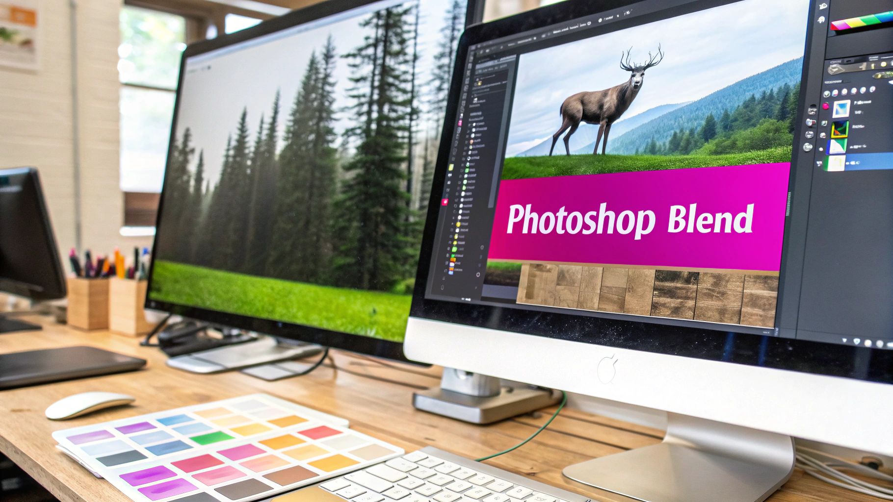 A close-up of a Photoshop interface showing layers and masks being used to blend two images