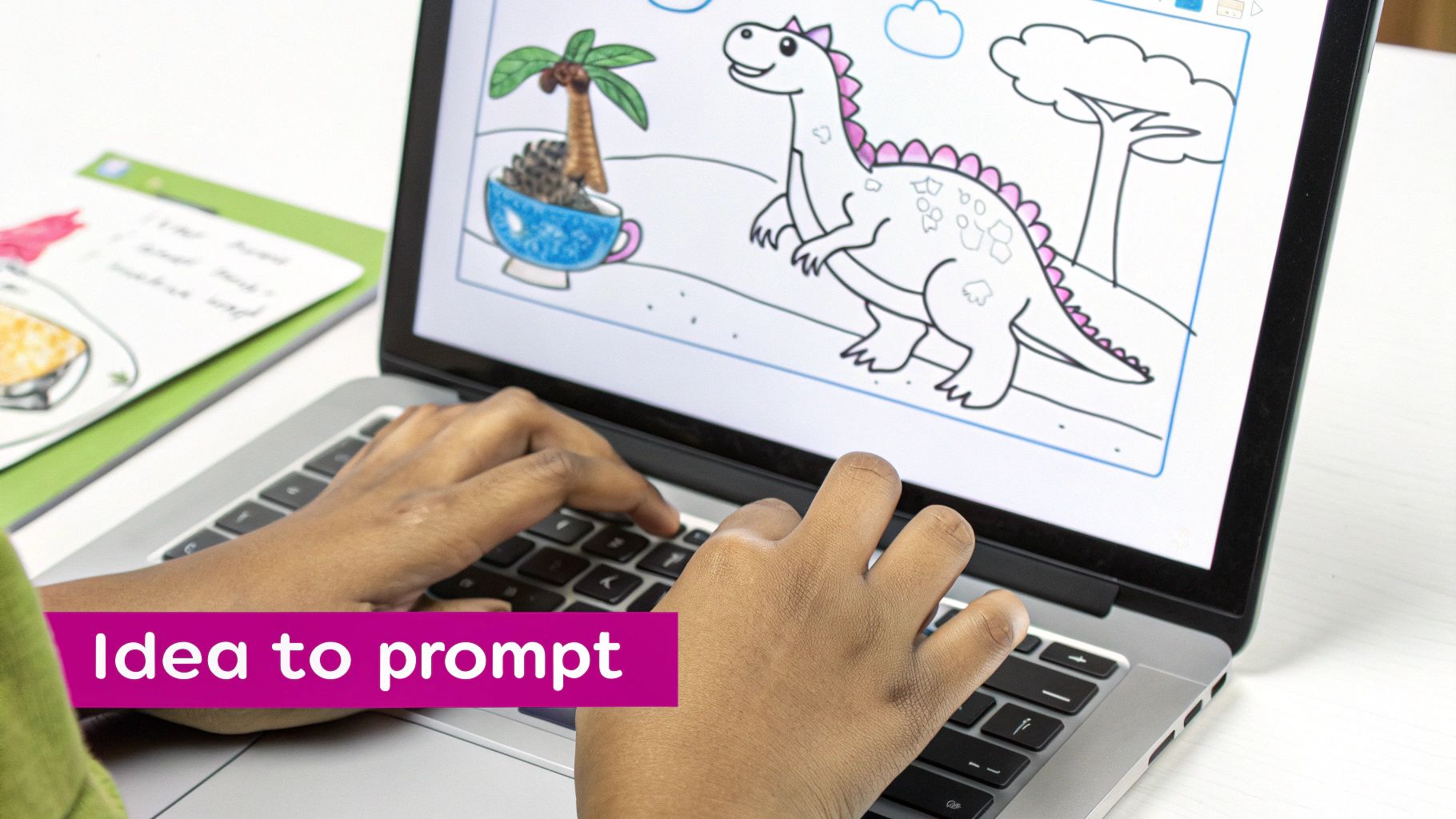 Hands typing on a laptop, displaying a digital coloring page featuring a dinosaur and a unique palm tree.