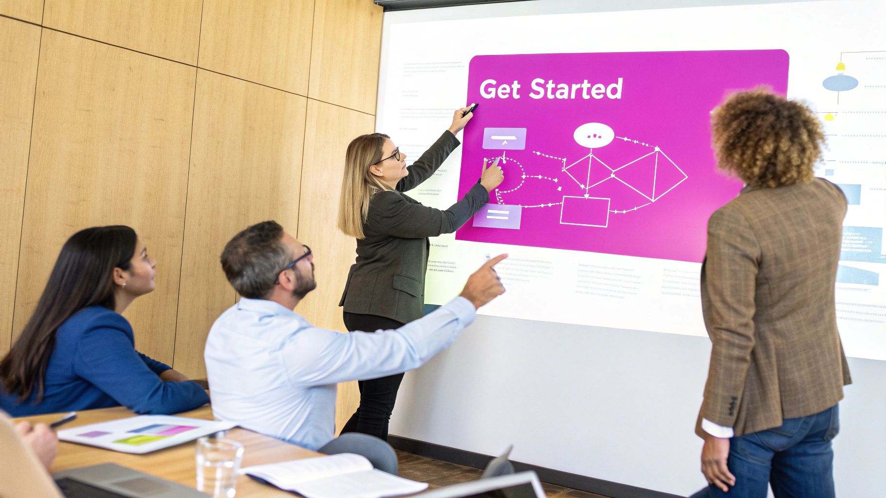 A team collaborating around a whiteboard, planning the structure and workflow for their new brand hub.