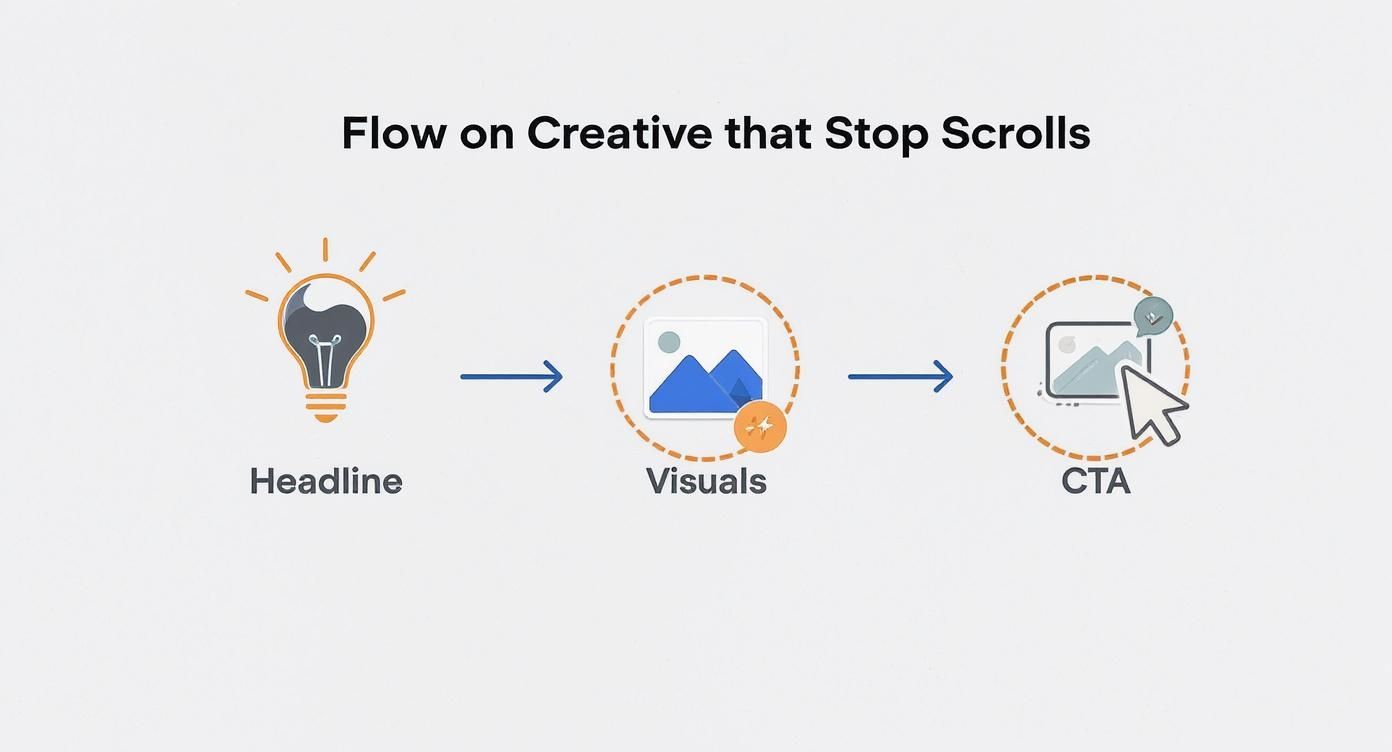 Flowchart showing the creative process for effective social media ads: Headline, Visuals, CTA.