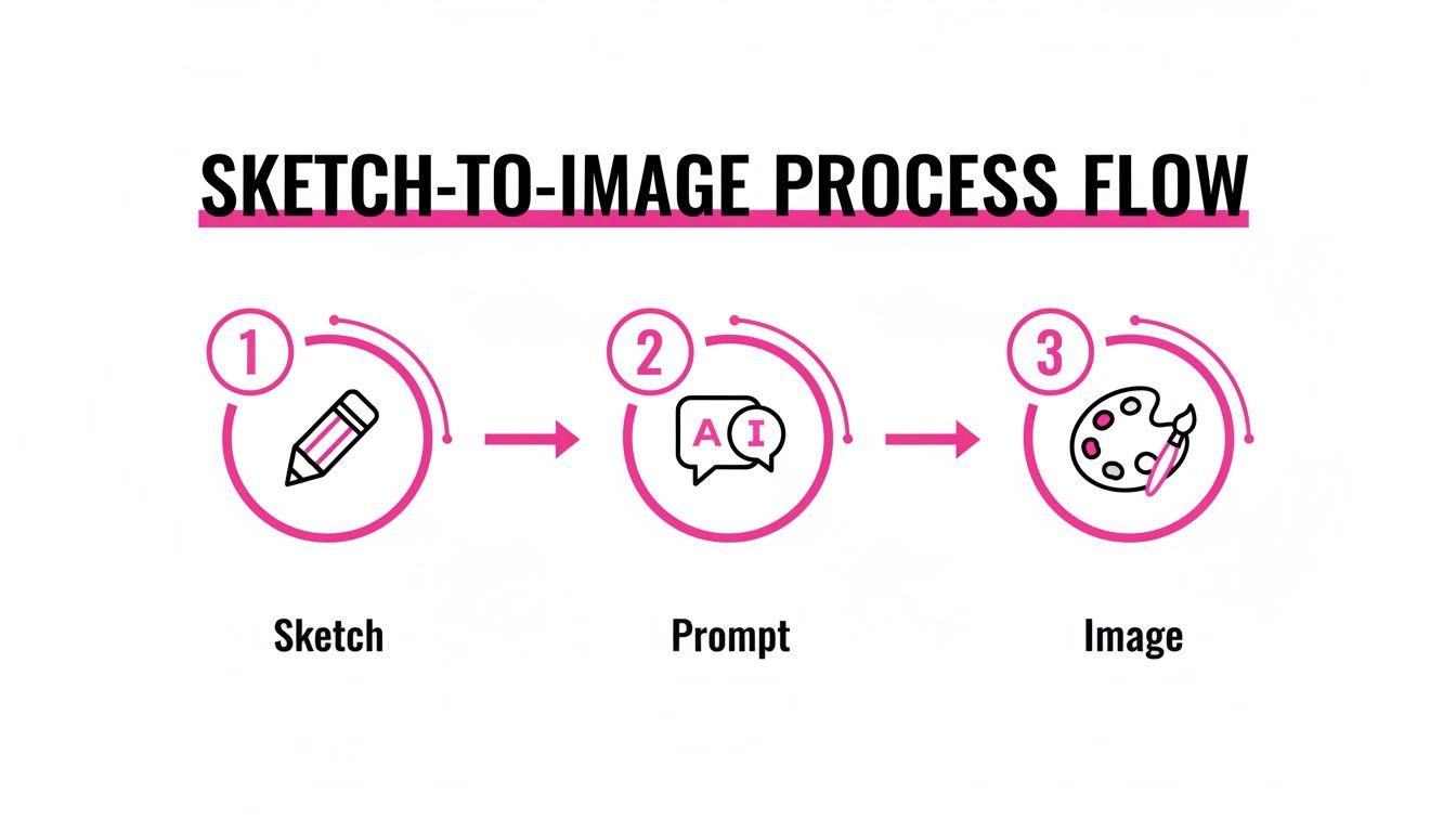 Diagram illustrating the sketch-to-image process flow with icons for sketch, prompt, and image.