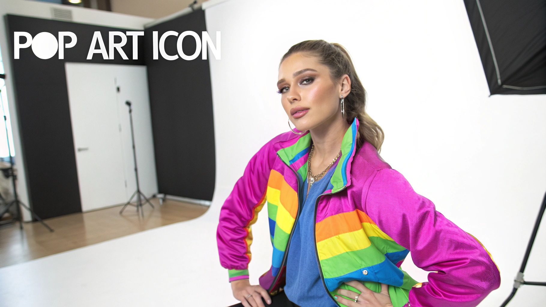 A confident woman in a vibrant pink and rainbow jacket stands in a studio with "POP ART ICON" text.