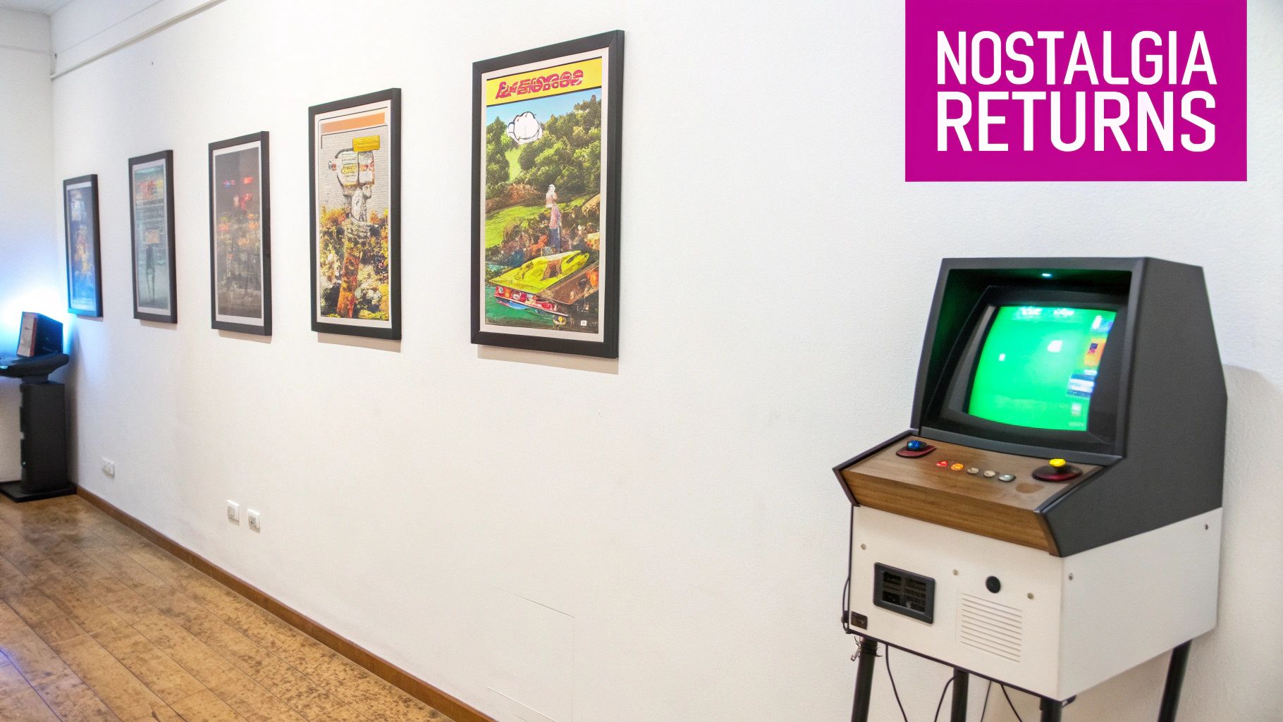 An exhibition room featuring several framed retro video game posters and a classic arcade machine.