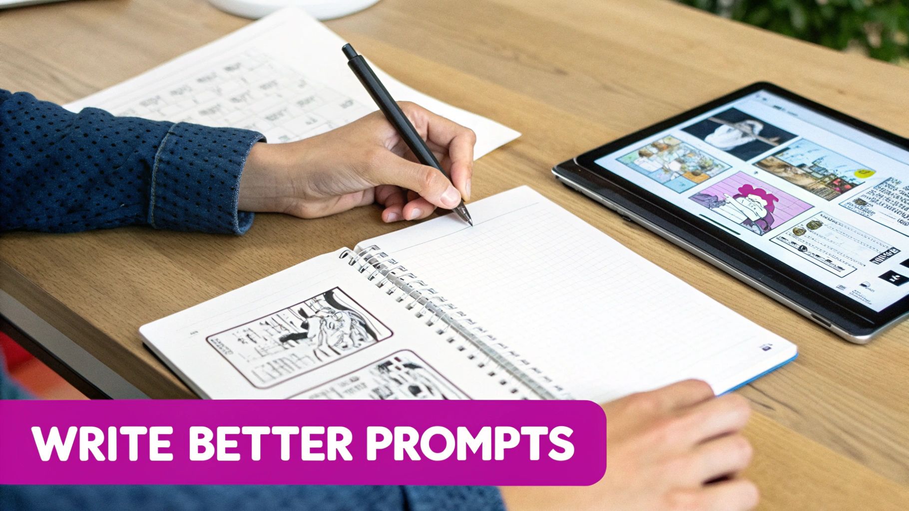 Close-up of a person writing in a grid notebook with a pen, next to a tablet displaying comics.