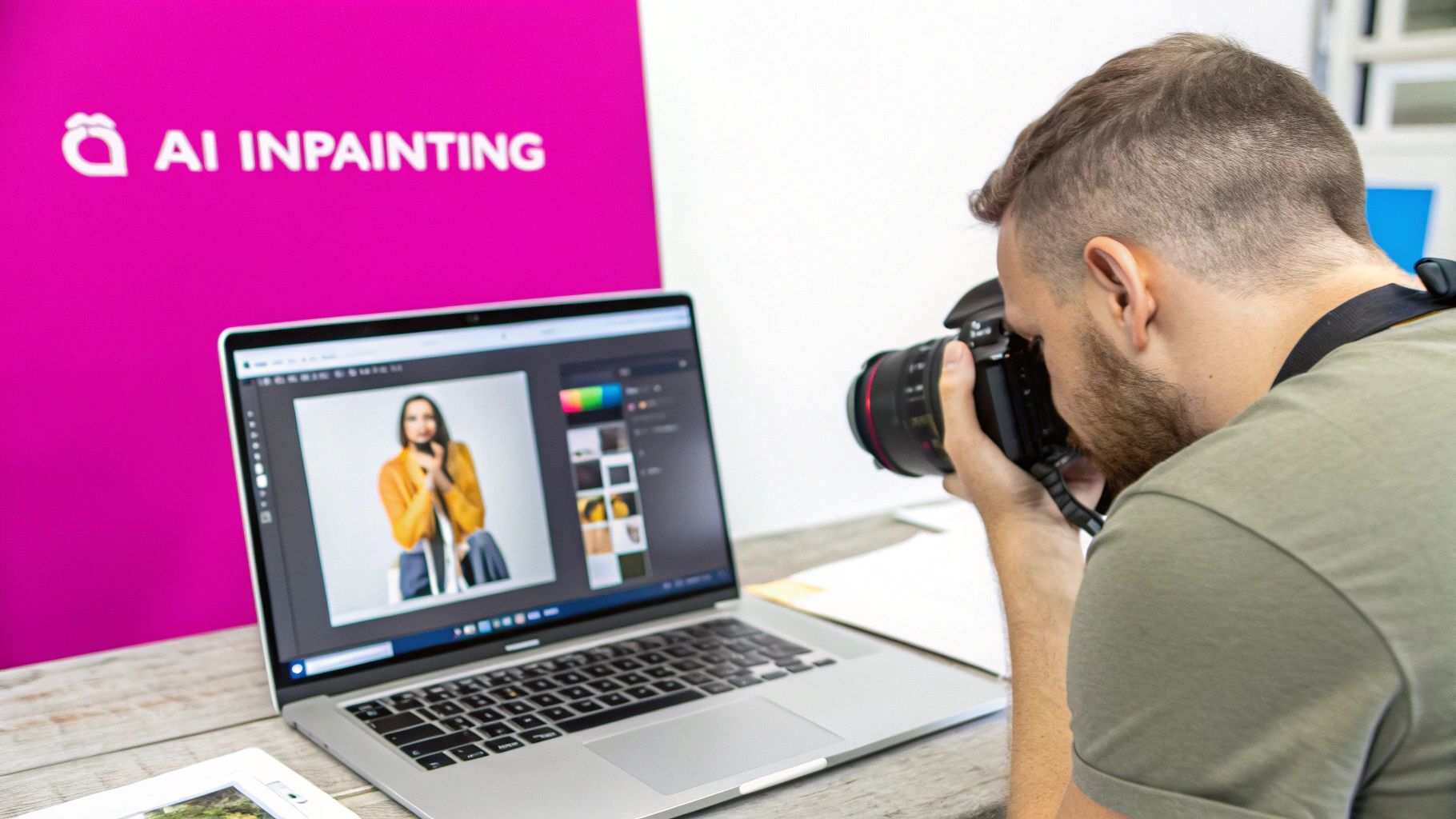 A photographer uses a DSLR camera while a laptop displays AI inpainting software editing a portrait.