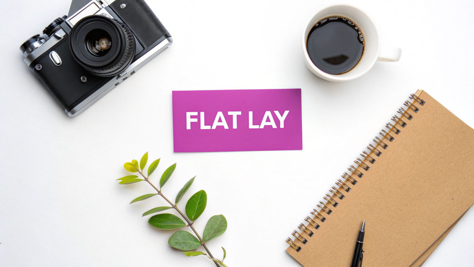 Flat lay photography composition with vintage camera, coffee cup, notebook, and purple card on white desk