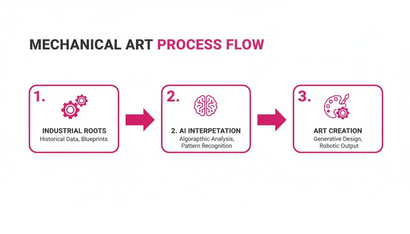 A process flow diagram illustrates mechanical art creation, from industrial roots and AI interpretation to robotic output.