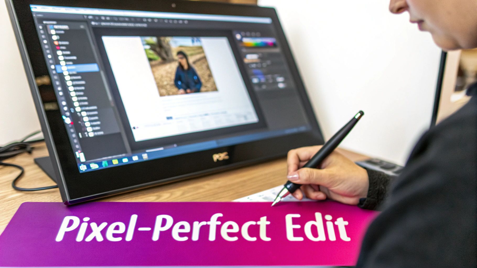 A person edits a photo of a woman on a touch screen monitor with a stylus, demonstrating pixel-perfect editing.