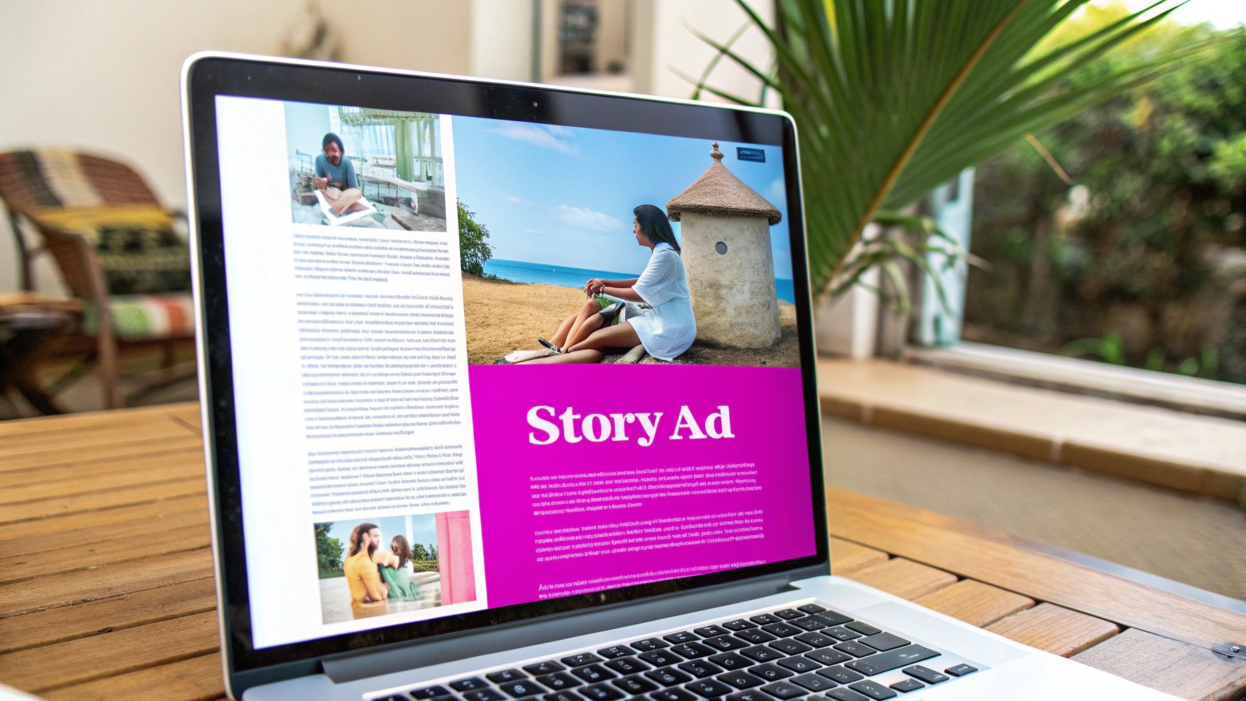 A laptop on a wooden table displays a webpage with an article and a prominent "Story Ad" featuring a woman on a beach.