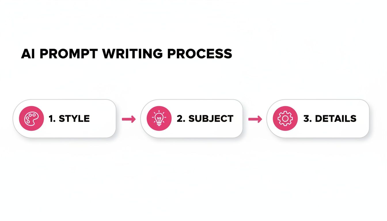 A flowchart detailing the AI prompt writing process, showing steps: Style, Subject, and Details.