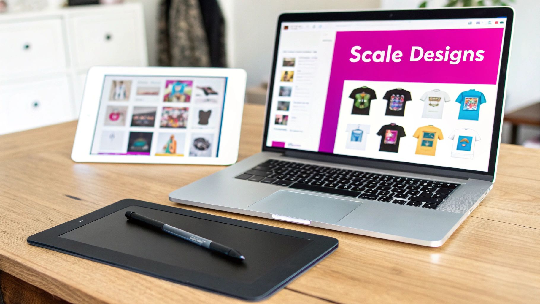 Digital design workspace with laptop, tablet, and drawing pad showcasing various t-shirt designs.