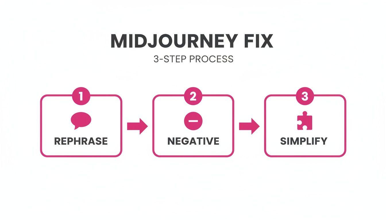 A 3-step Midjourney prompt optimization process featuring rephrasing, negative prompting, and simplification.