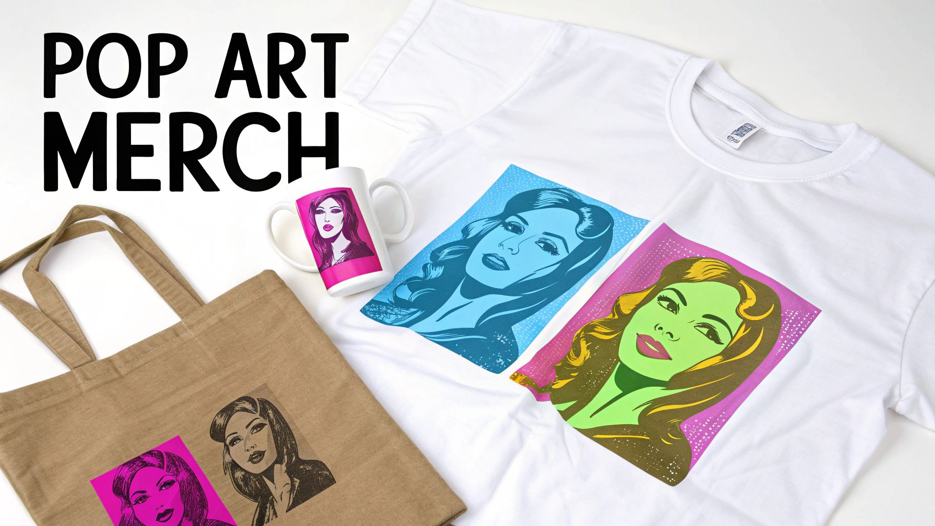 Pop art merchandise featuring colorful graphic designs of women on a white t-shirt, mug, and tote bag.