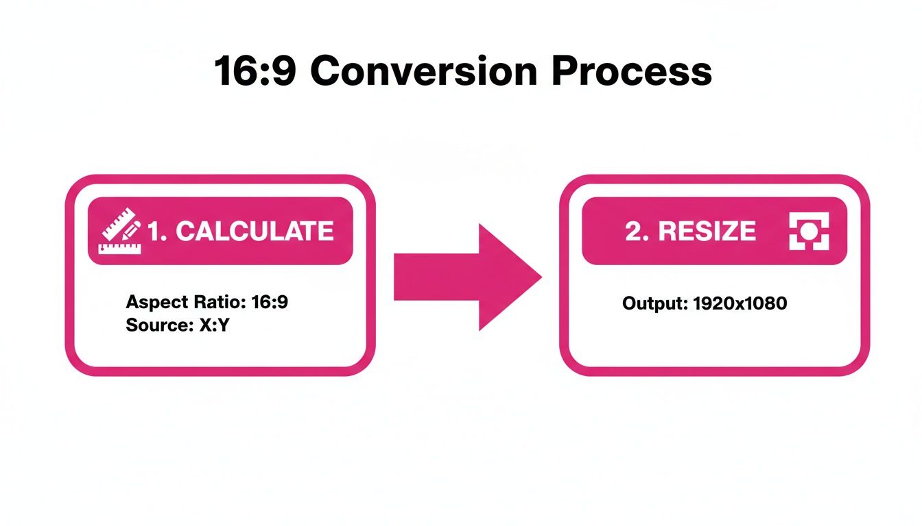 A diagram illustrating the 16:9 aspect ratio conversion process, from calculation to 1920x1080 output.