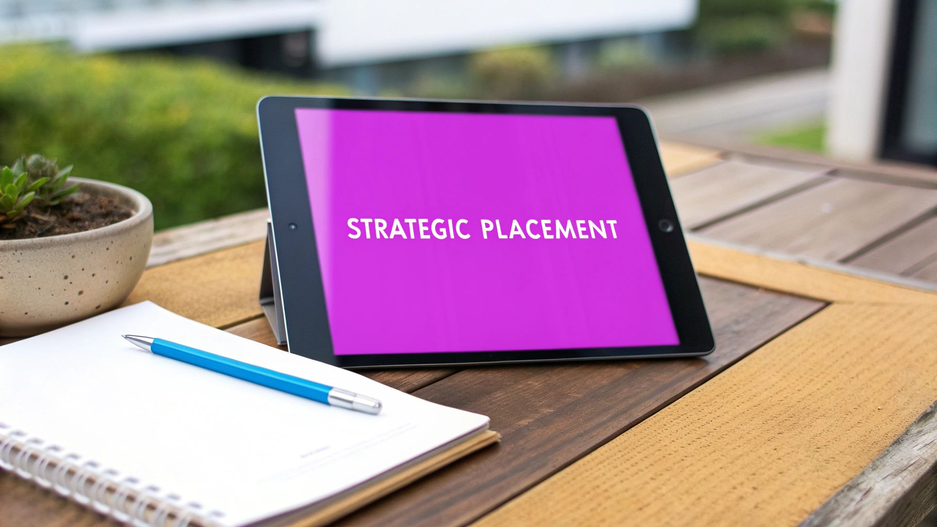 A tablet displaying 'STRATEGIC PLACEMENT' on a purple screen, with a notebook, pen, and succulent on a wooden outdoor table.