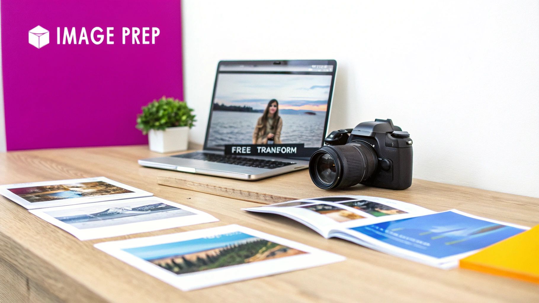 A photography workspace with a laptop showing photo editing software, a DSLR camera, and printed landscape photos.