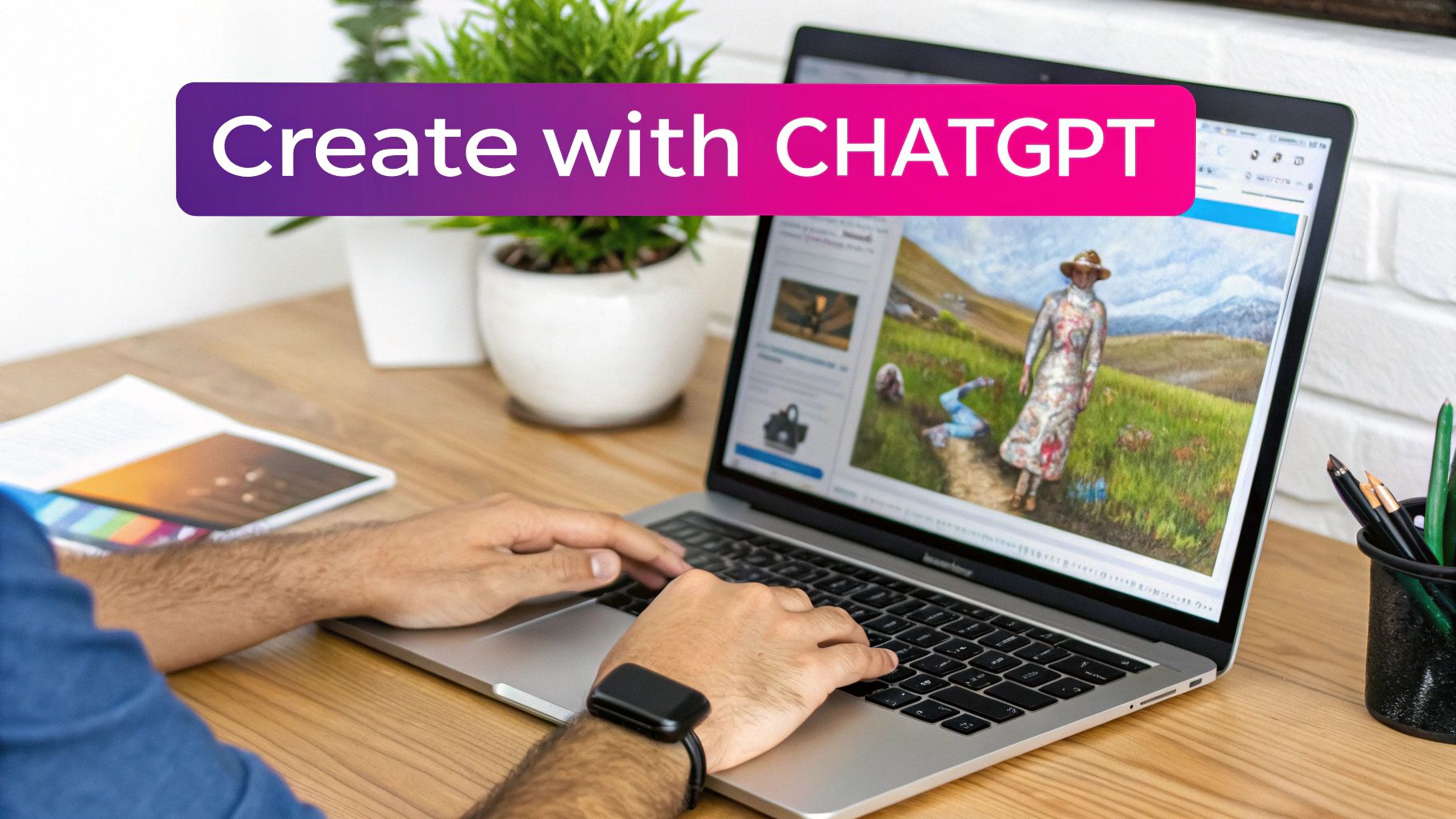 A person types on a laptop, displaying AI-generated images and a 'Create with CHATGPT' overlay.