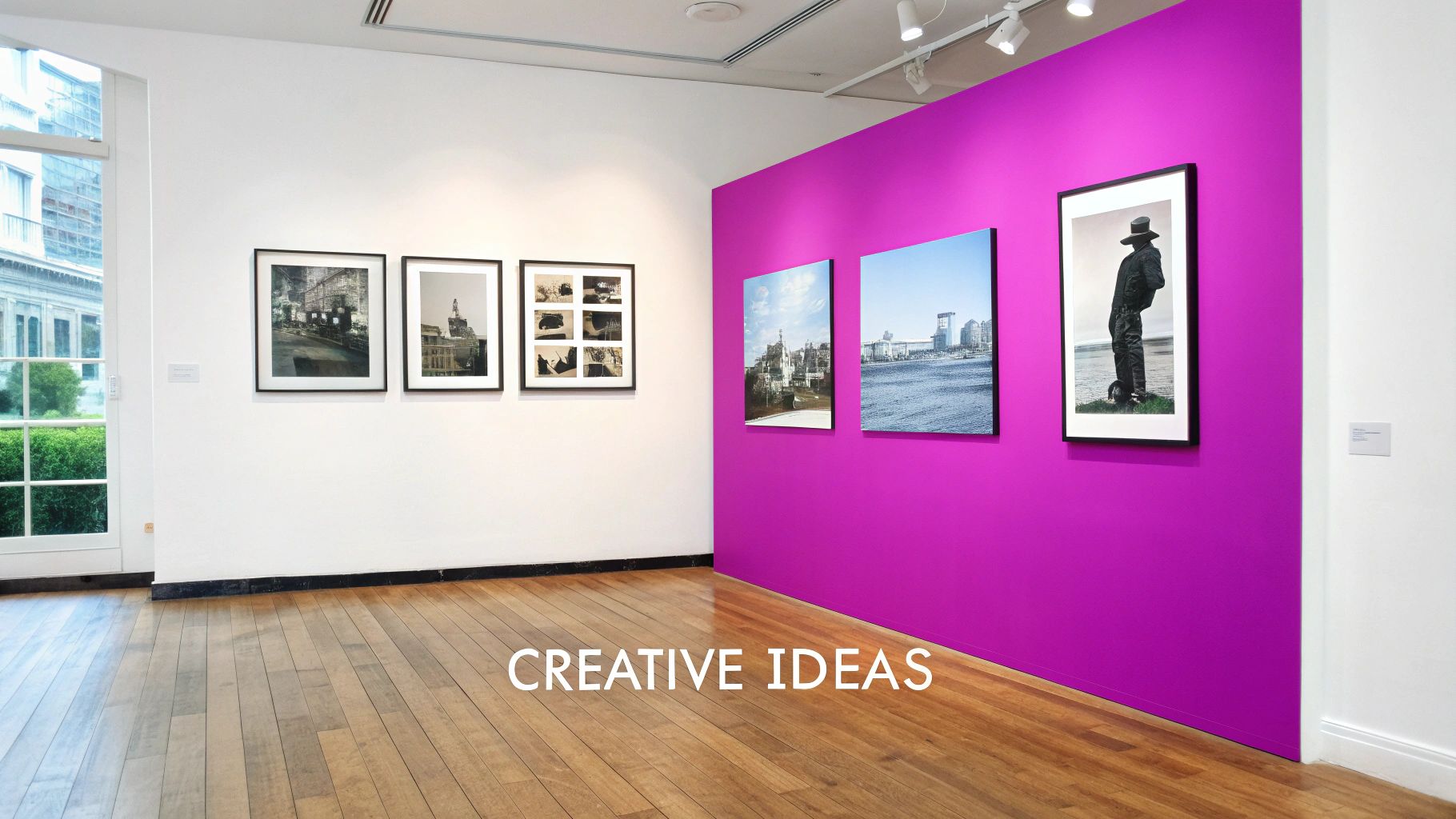 Art gallery display with framed black and white photography on white and color images on a purple wall.