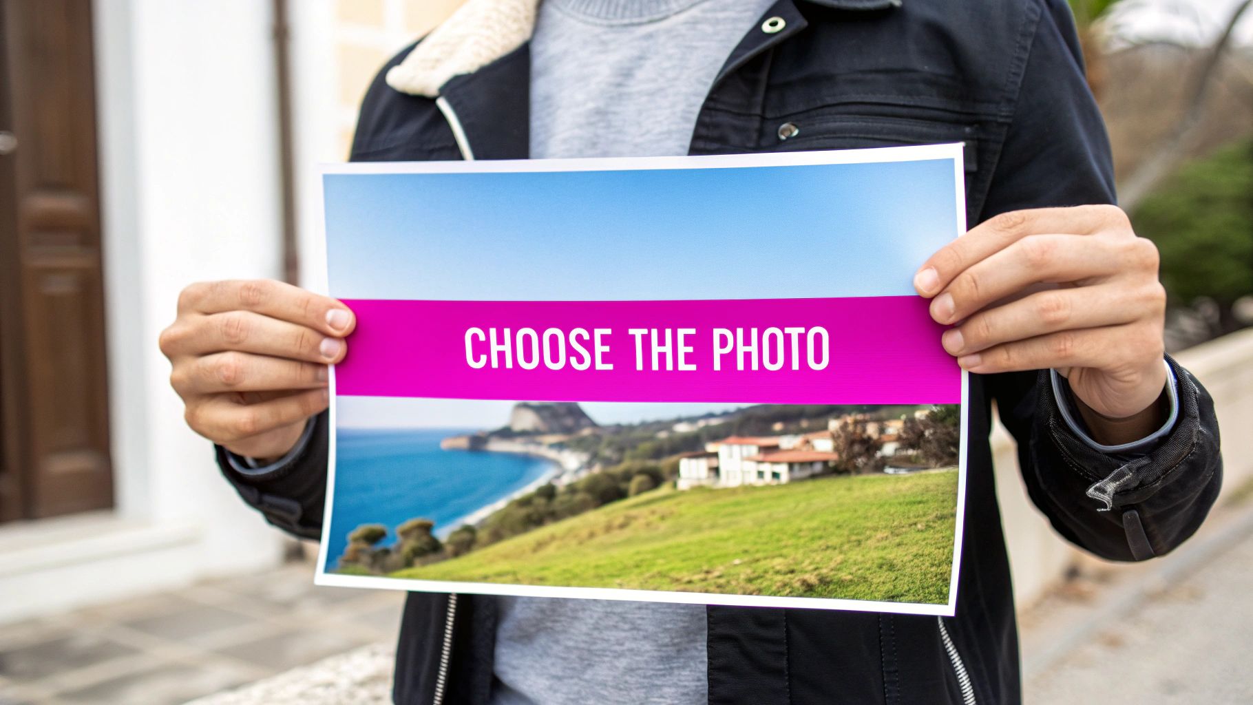 Close-up of a person holding a printed photo displaying a scenic coastline with text 'CHOOSE THE PHOTO'.