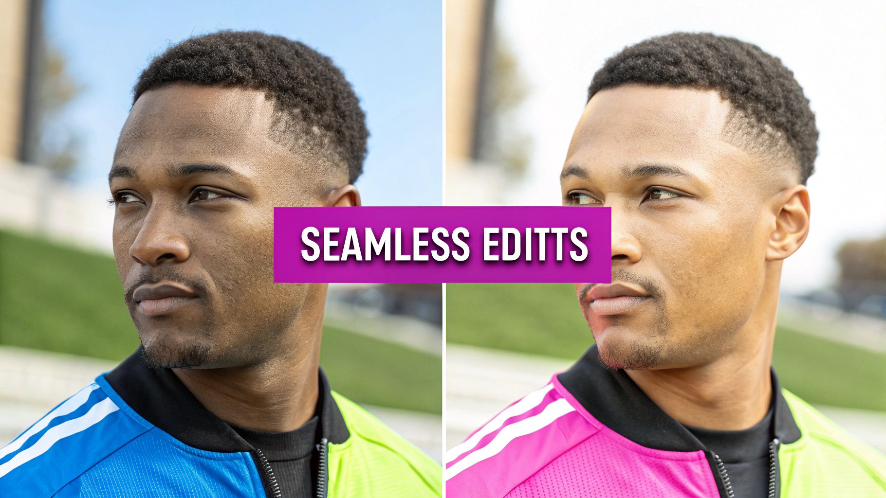 Split image of a man demonstrating color editing, changing jacket colors and skin tone, with 'SEAMLESS EDITTS' banner.