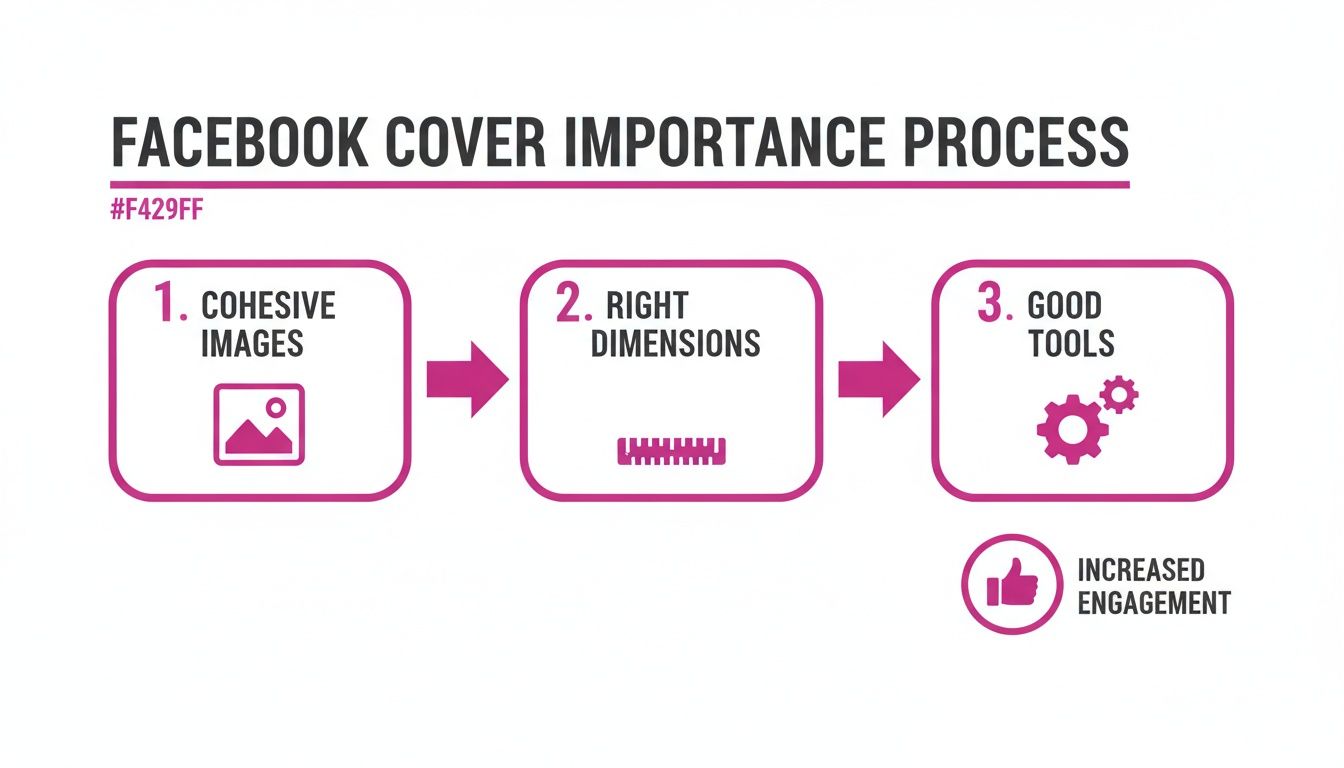 Infographic showing a 3-step process for effective Facebook cover design, leading to increased engagement.