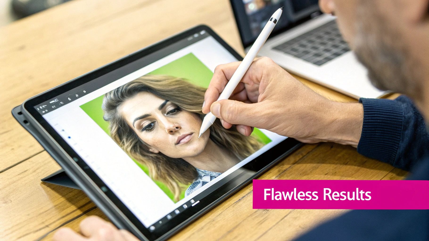 A person uses a white stylus on a tablet to edit a woman's portrait photo, achieving flawless results.