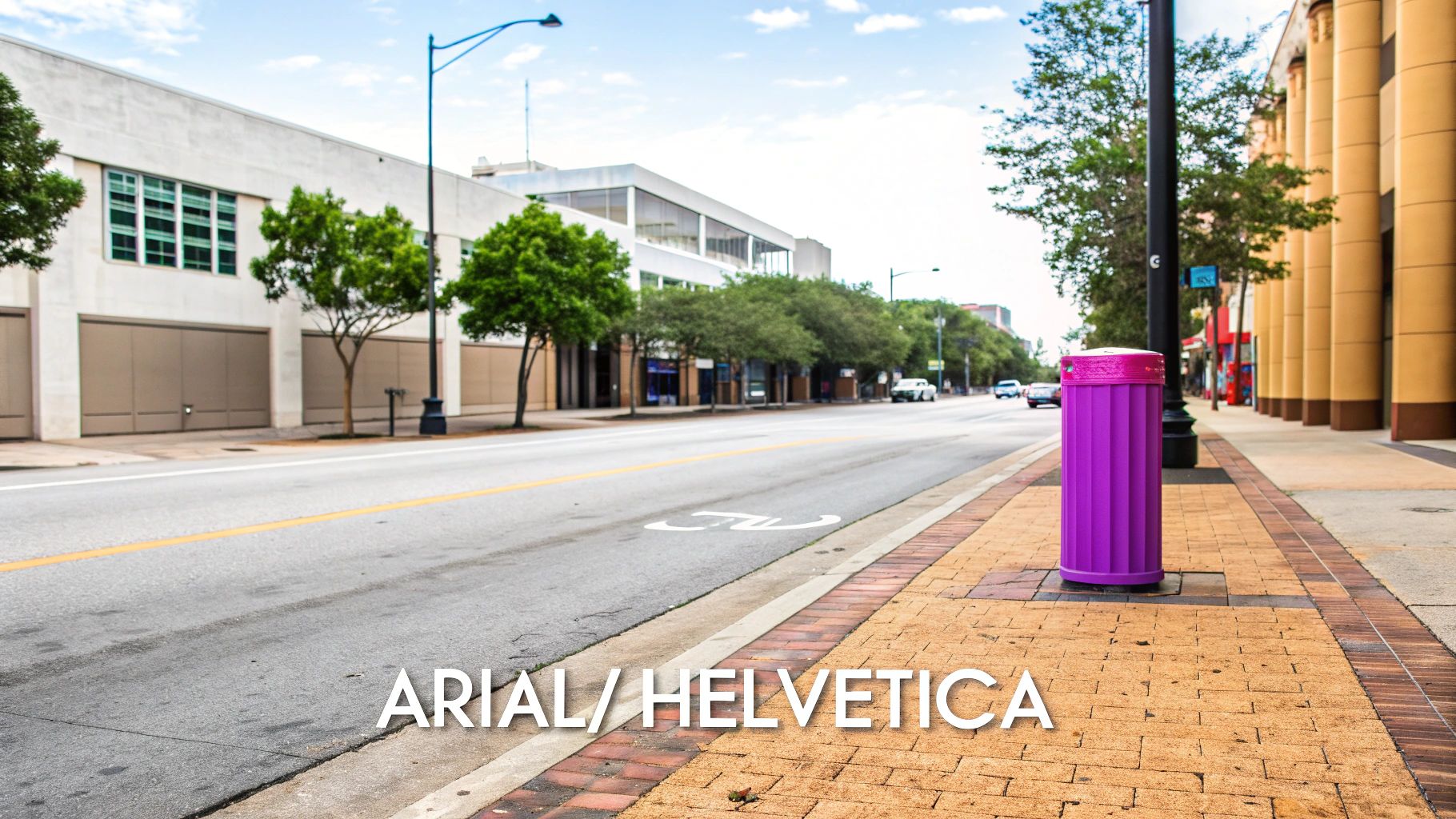 A city street with buildings, green trees, a vibrant purple trash can, and text on the asphalt.