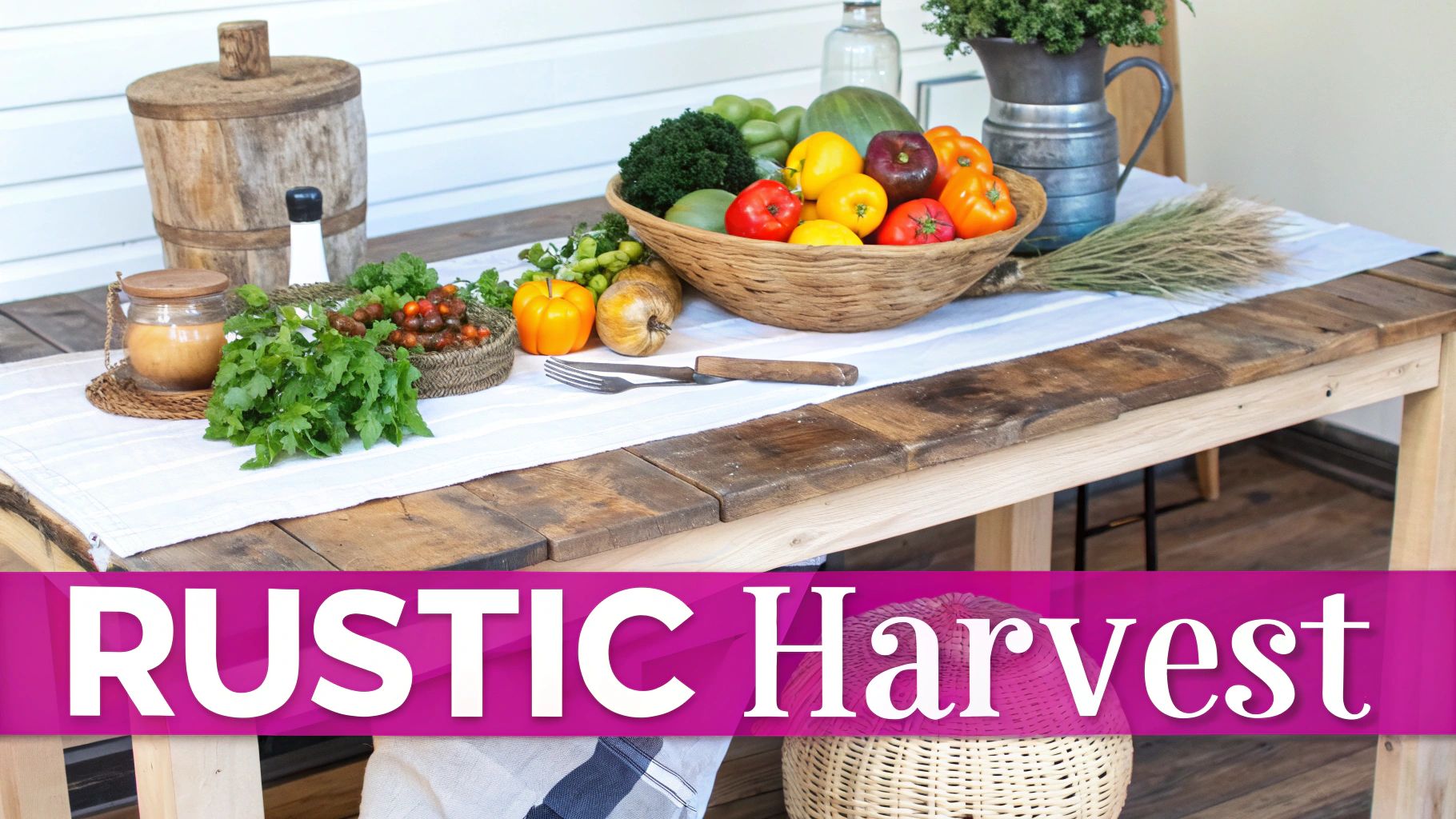 An image showcasing the Rustic Harvest fall color palette with swatches of muted earth tones like terracotta, olive green, and warm gray, alongside rustic textures like wood grain and burlap.