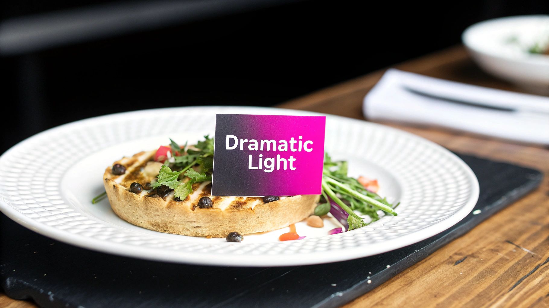 A savory tart topped with black beans and fresh greens on a white plate, featuring a 'Dramatic Light' sign.
