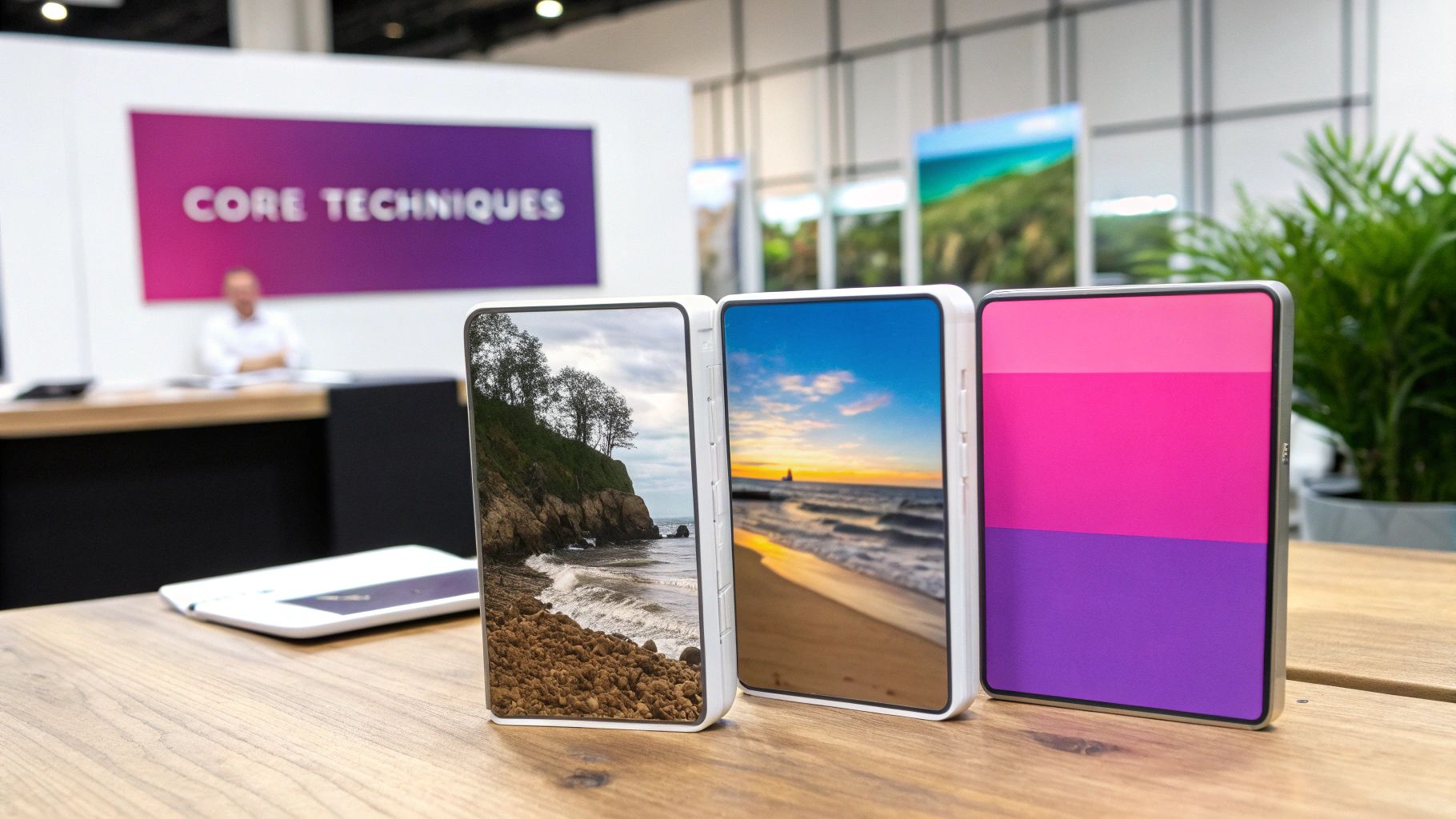 Three devices displaying a rocky coast, sunset beach, and color gradient on a wooden table.